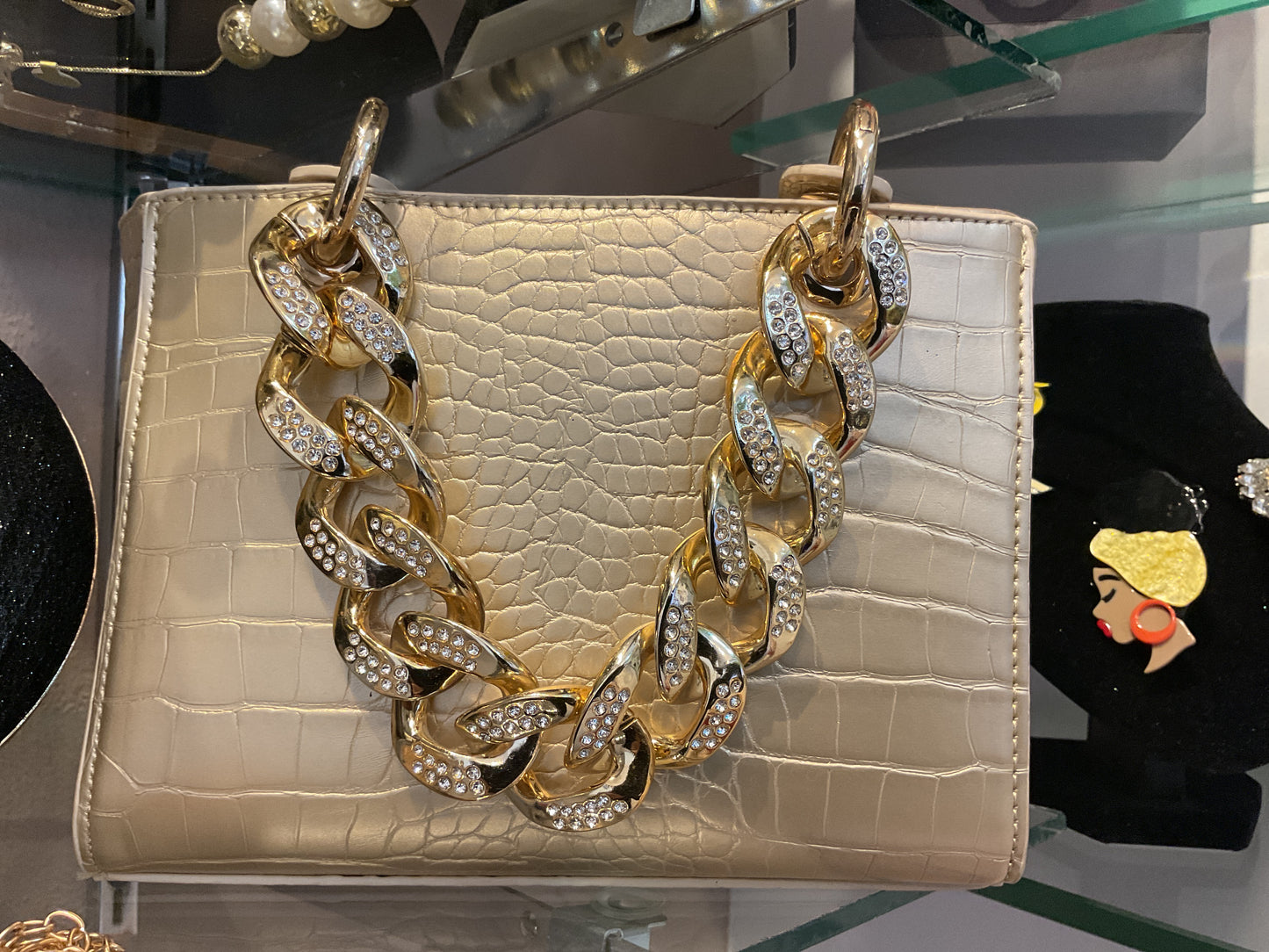 RHINESTONES PALE GOLD HAND BAG
