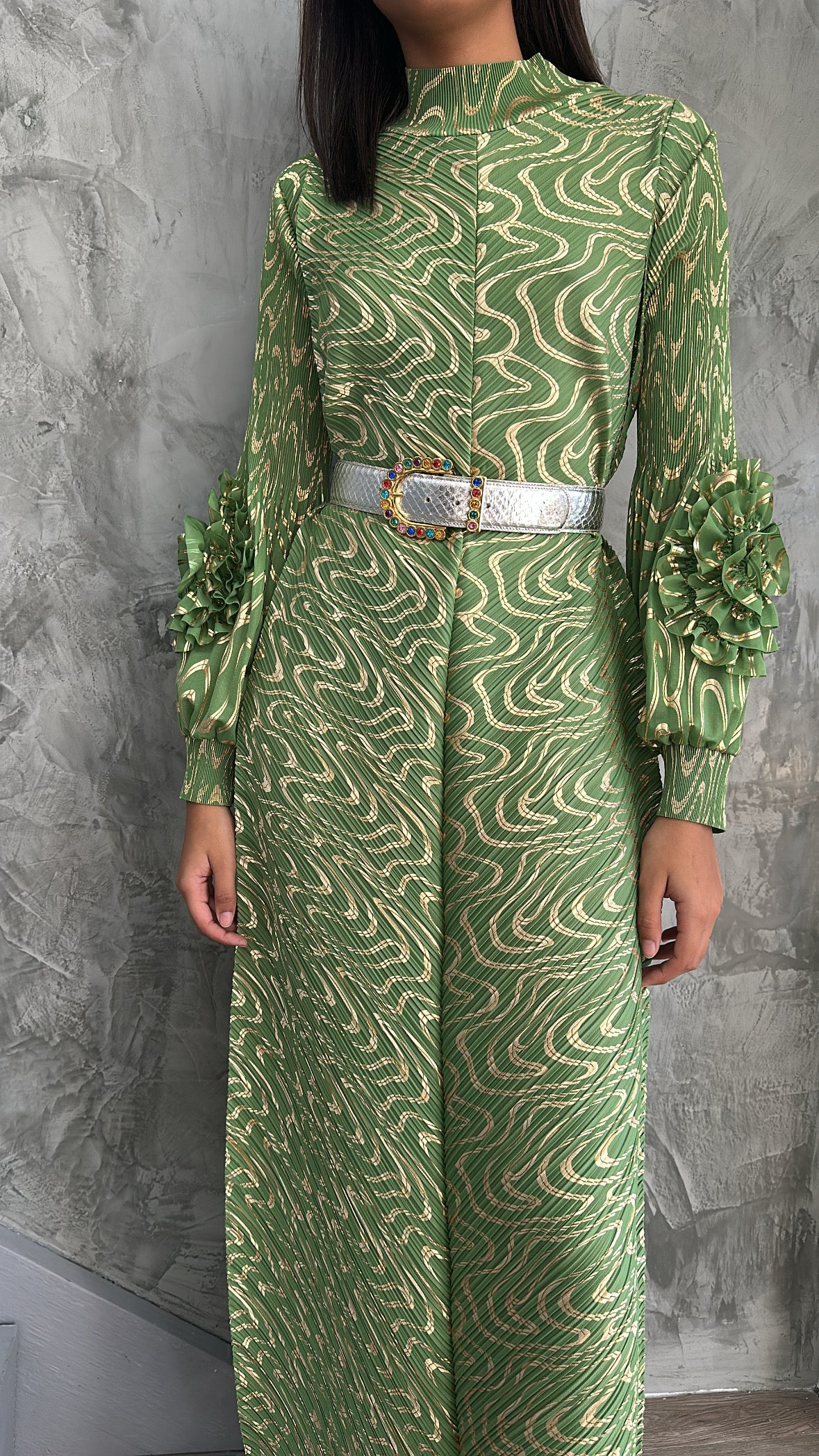 N2454 GREEN LONG SLEEVE MAXI CRINKED DRESS